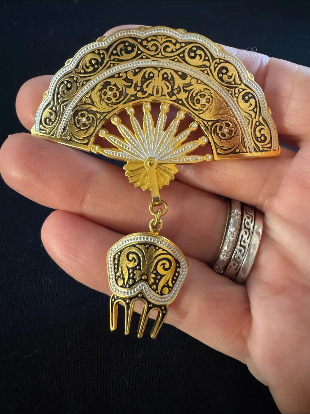 Vintage Gold Tone Fan Brooch - Black Enamel - Dangle Hair Comb - Victorian